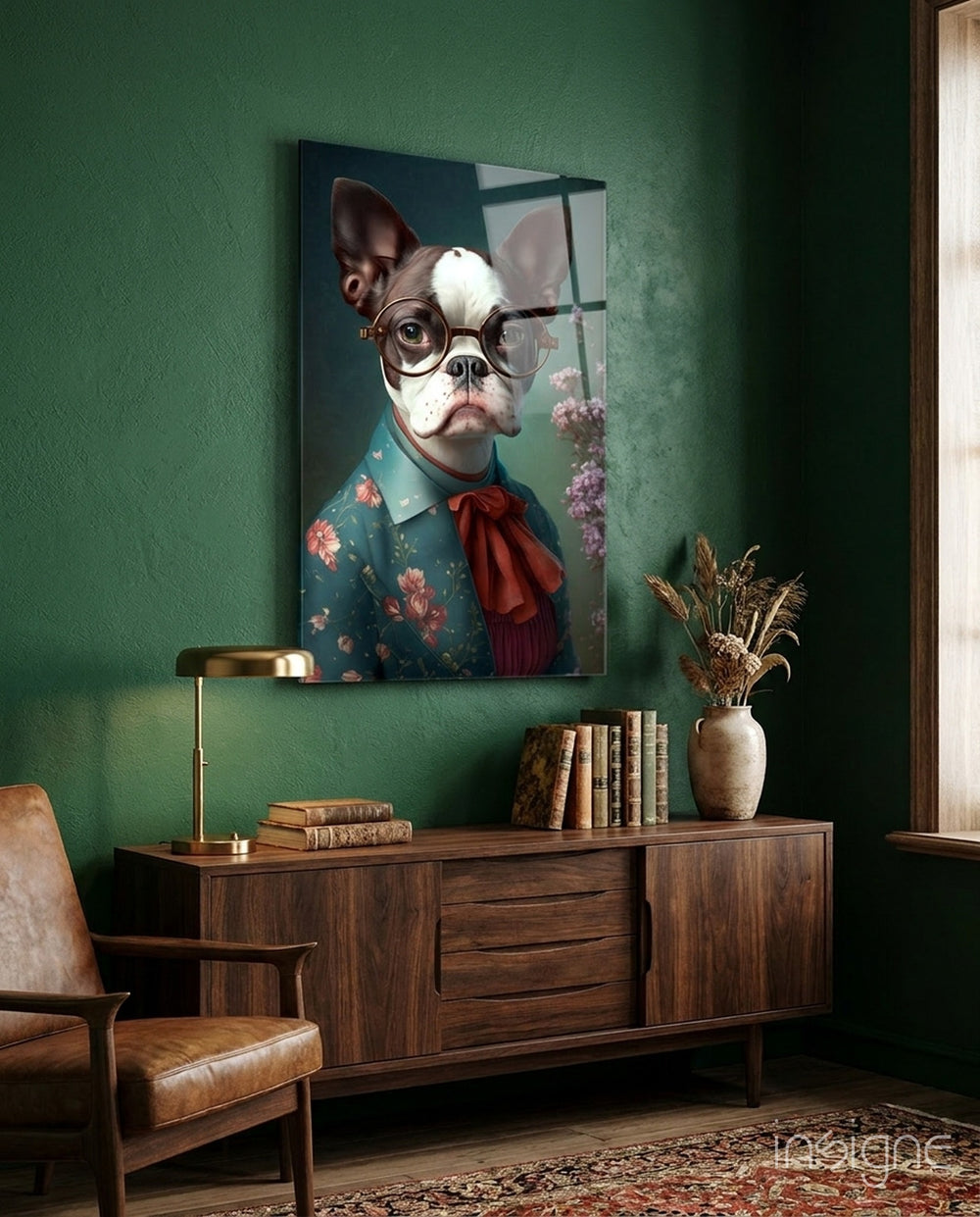 Dog Vogue glass wall art displayed above a sideboard in a living room