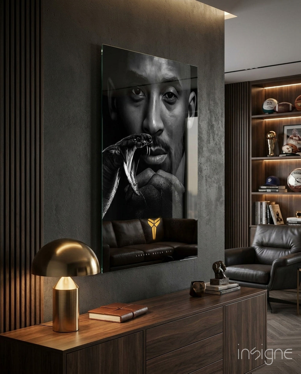 Kobe Bryant glass wall art displayed above a sideboard in a man cave