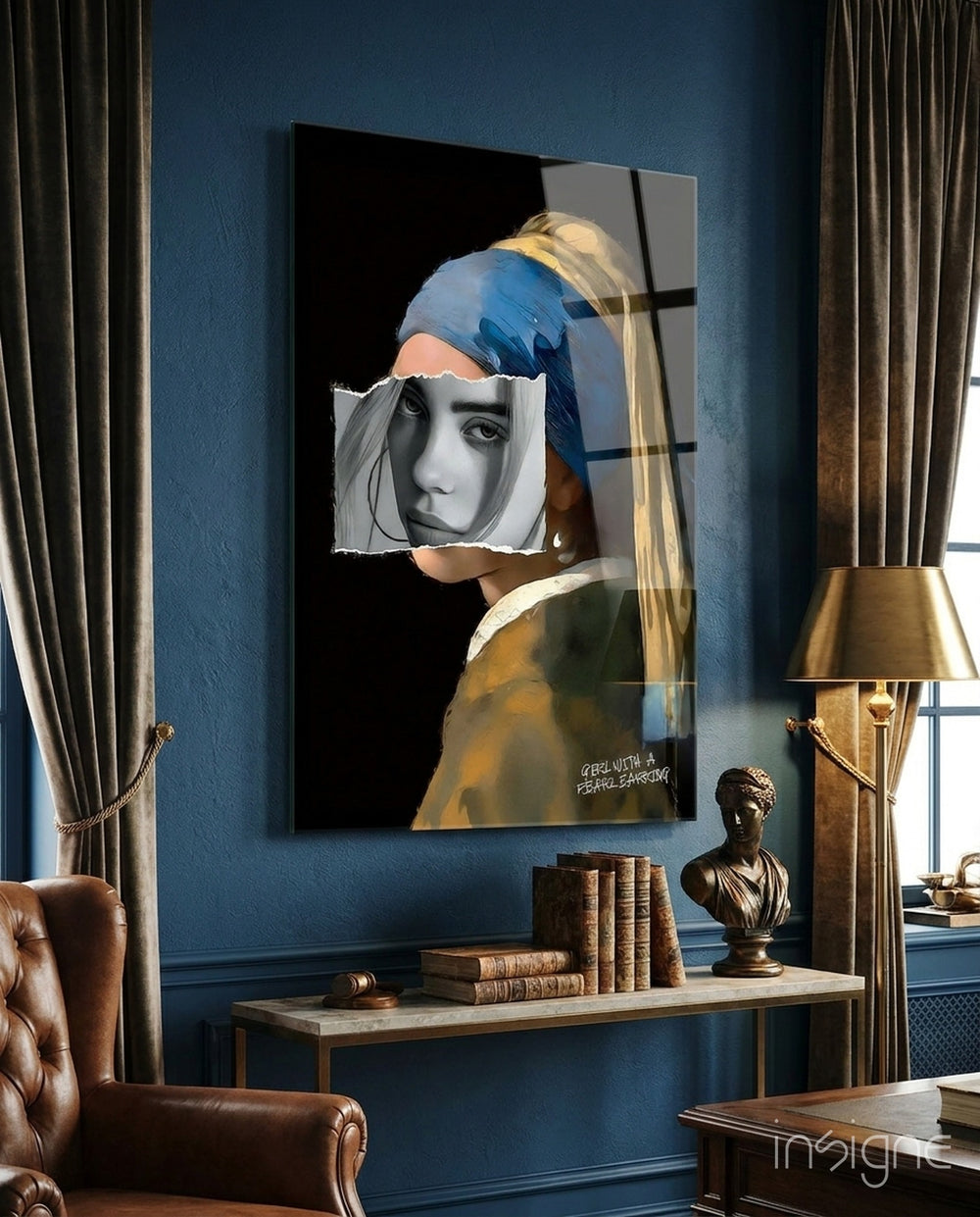 Contemporary Girl with a Pearl Earring glass wall art displayed above a console in a living room