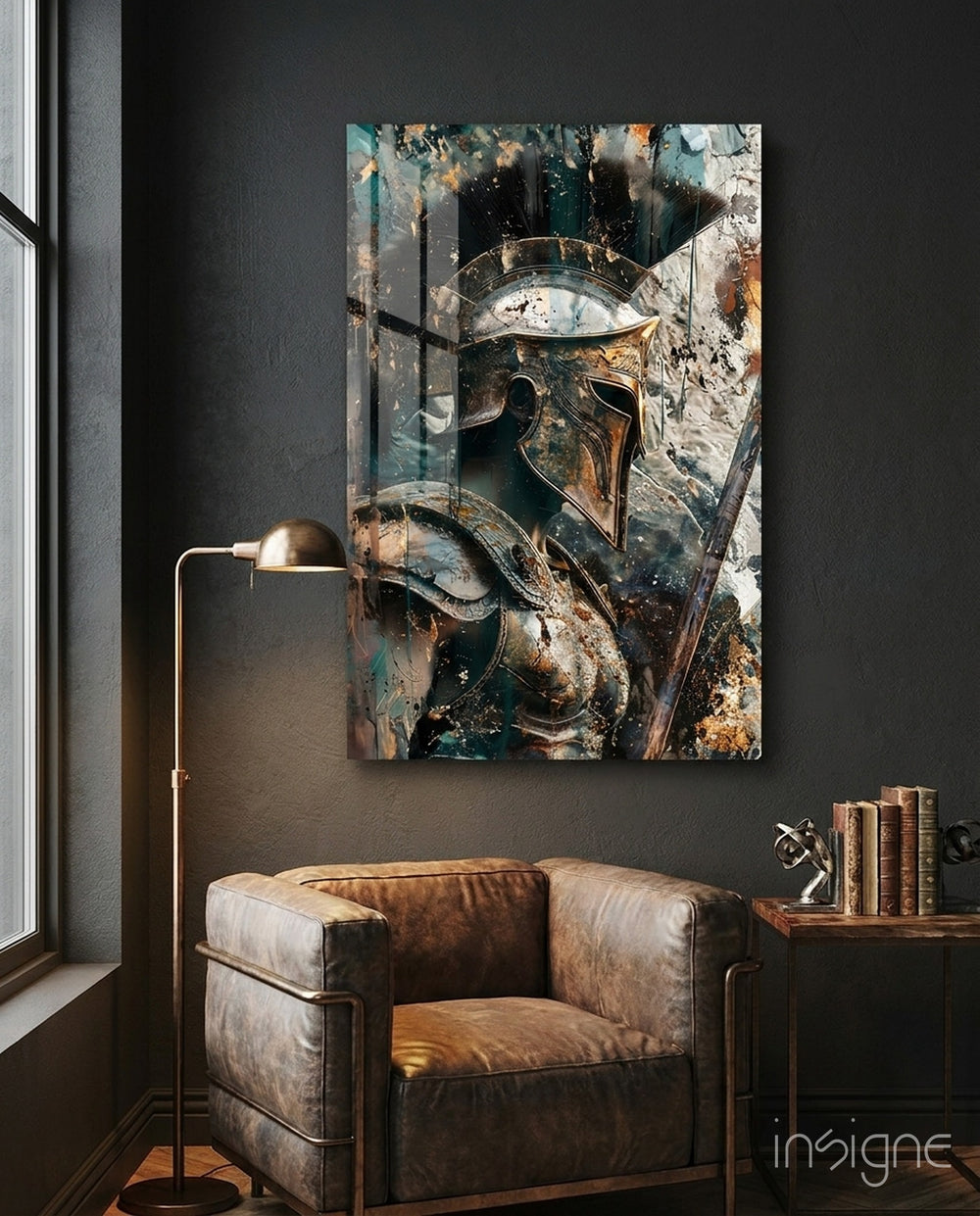 Gladiator glass wall art displayed above a sideboard in a study