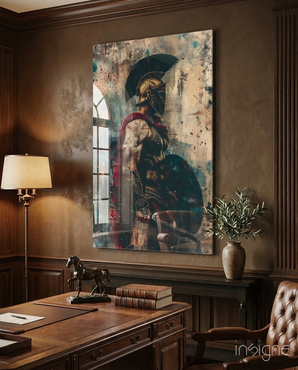 Gladiator glass wall art displayed above a desk in a study