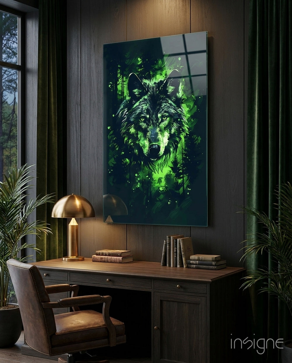 Wolf glass wall art displayed above a desk in a study