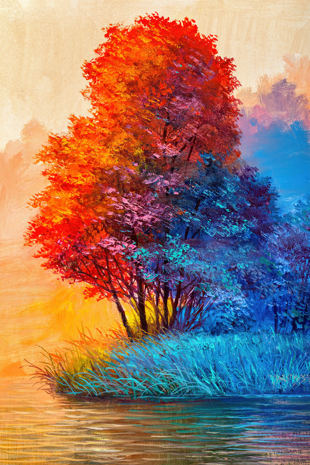 Colorful trees by a body of water with a gradient sky.