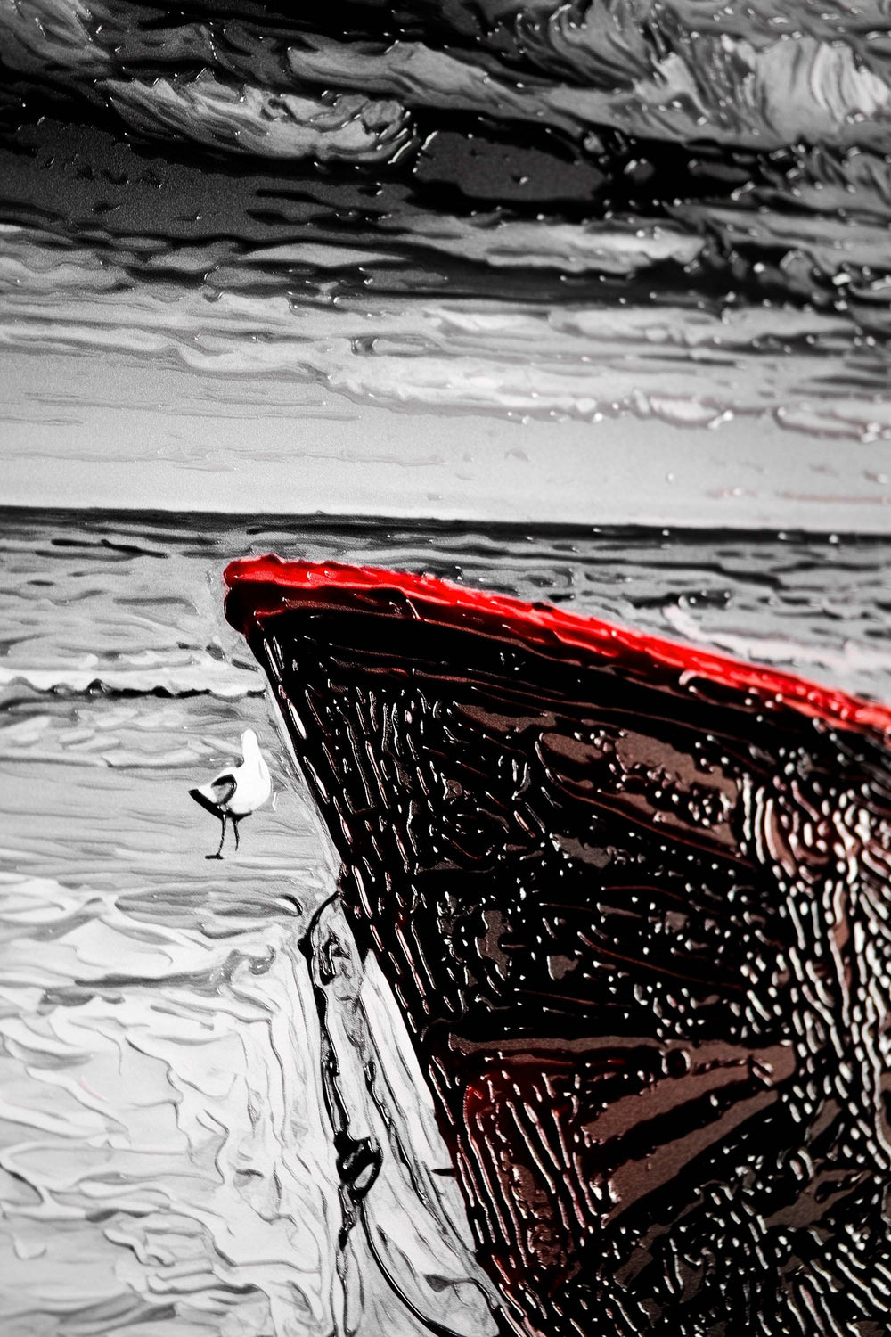 Noir Sahilin Kızıl Bekçisi — 3D Haptik Kabartmalı Yüksek Parlak Lüks Duvar Tablosu