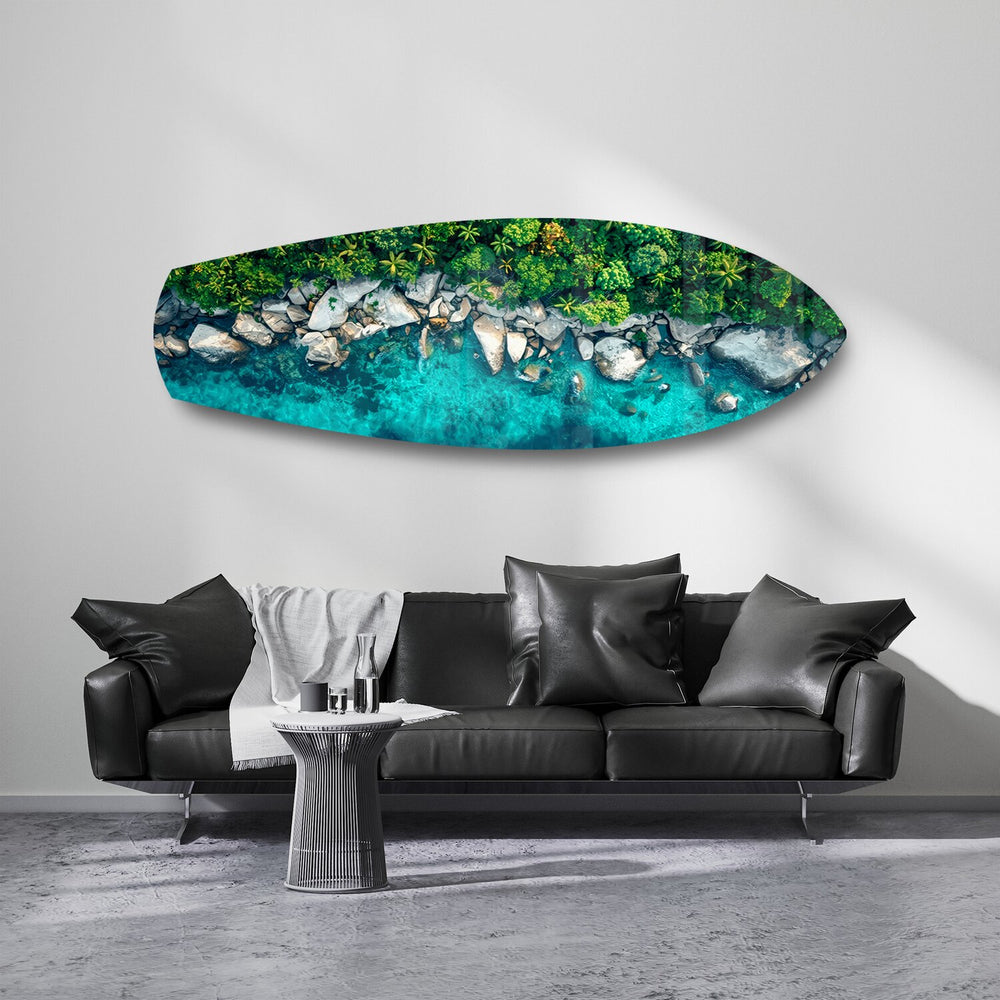 Tropical Lagoon Aerial Beach Glass Wall Art.