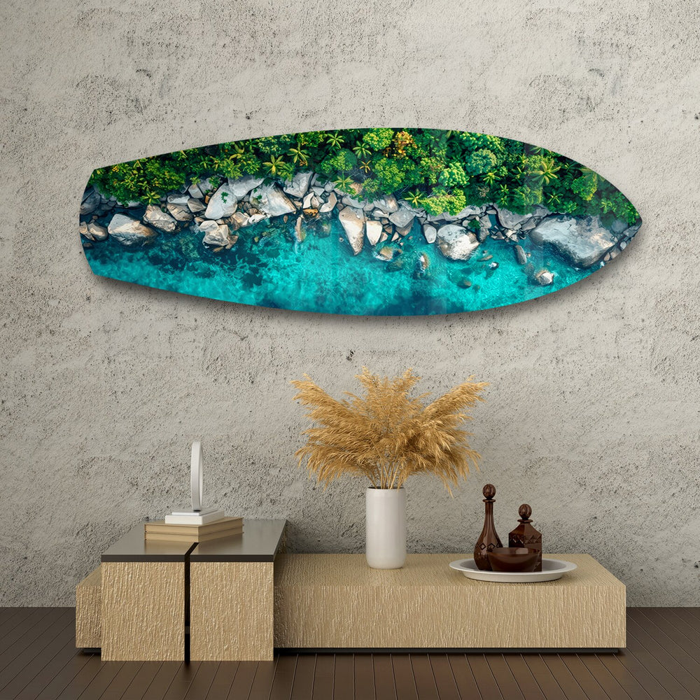 Tropical Lagoon Aerial Beach Glass Wall Art.