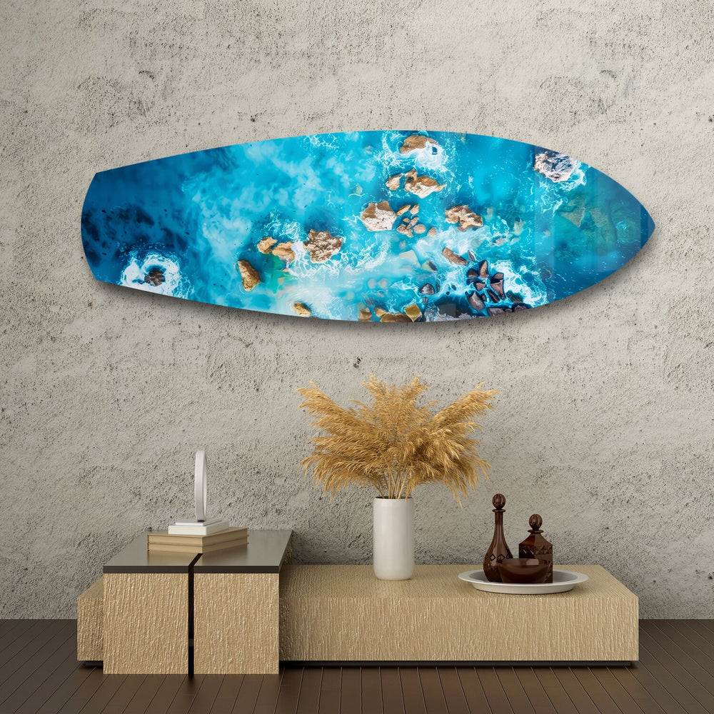 Aerial Reef Turquoise Ocean Glass Wall Art.