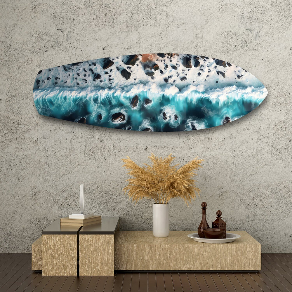 Crashing Wave Aerial Ocean Glass Wall Art.