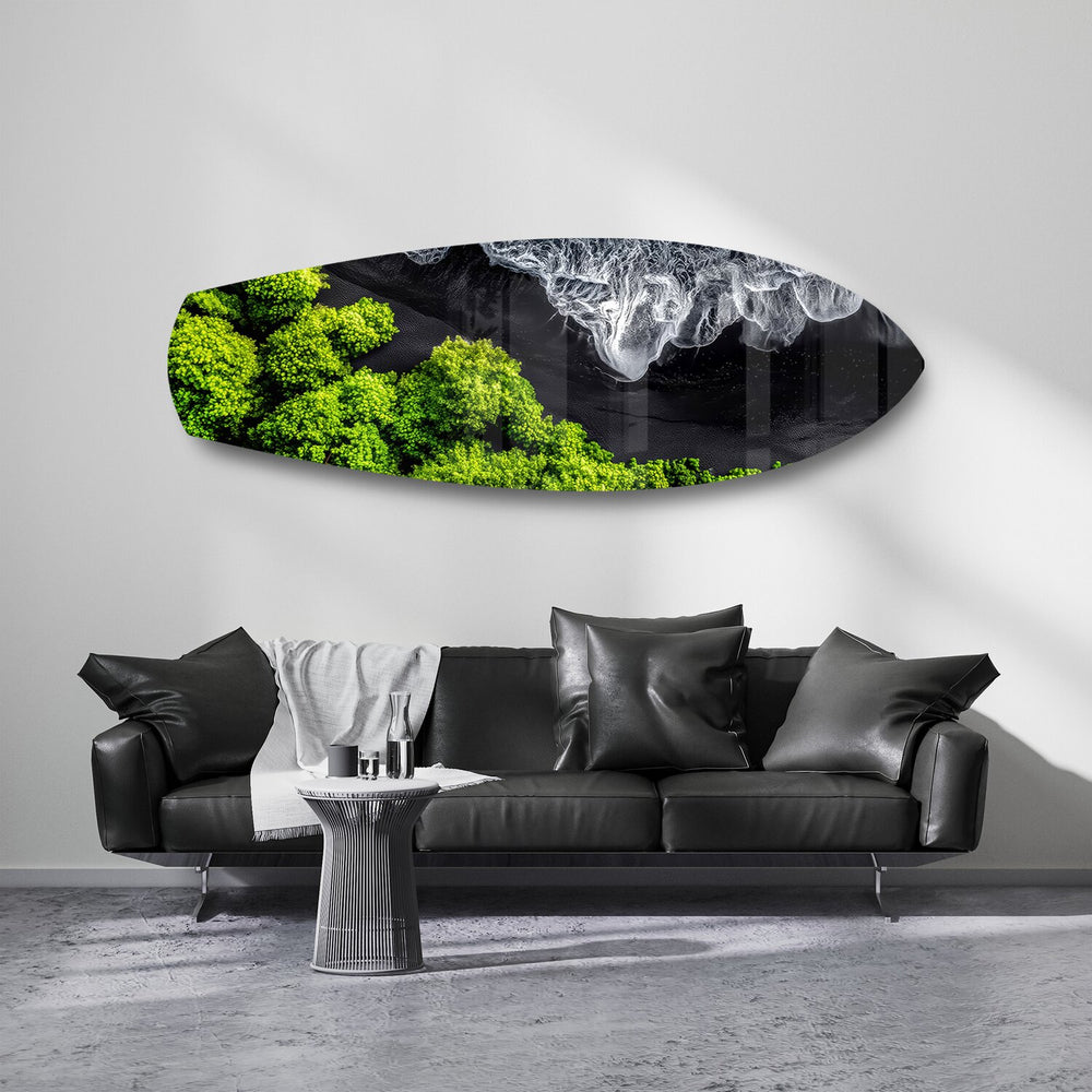Black Sand Beach Aerial Forest Glass Wall Art.