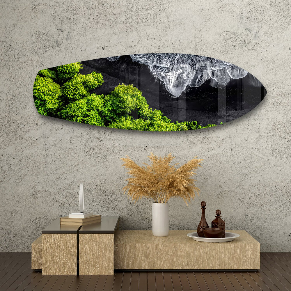 Black Sand Beach Aerial Forest Glass Wall Art.