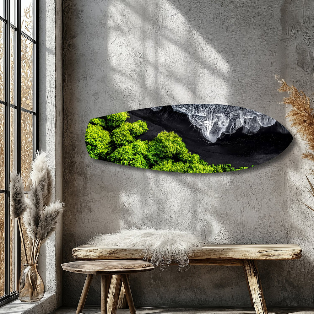 Black Sand Beach Aerial Forest Glass Wall Art.