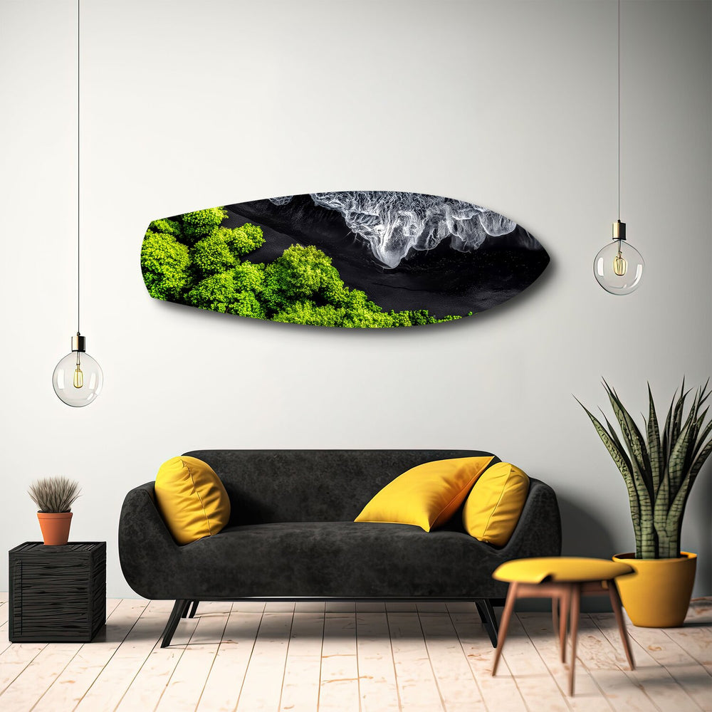 Black Sand Beach Aerial Forest Glass Wall Art.