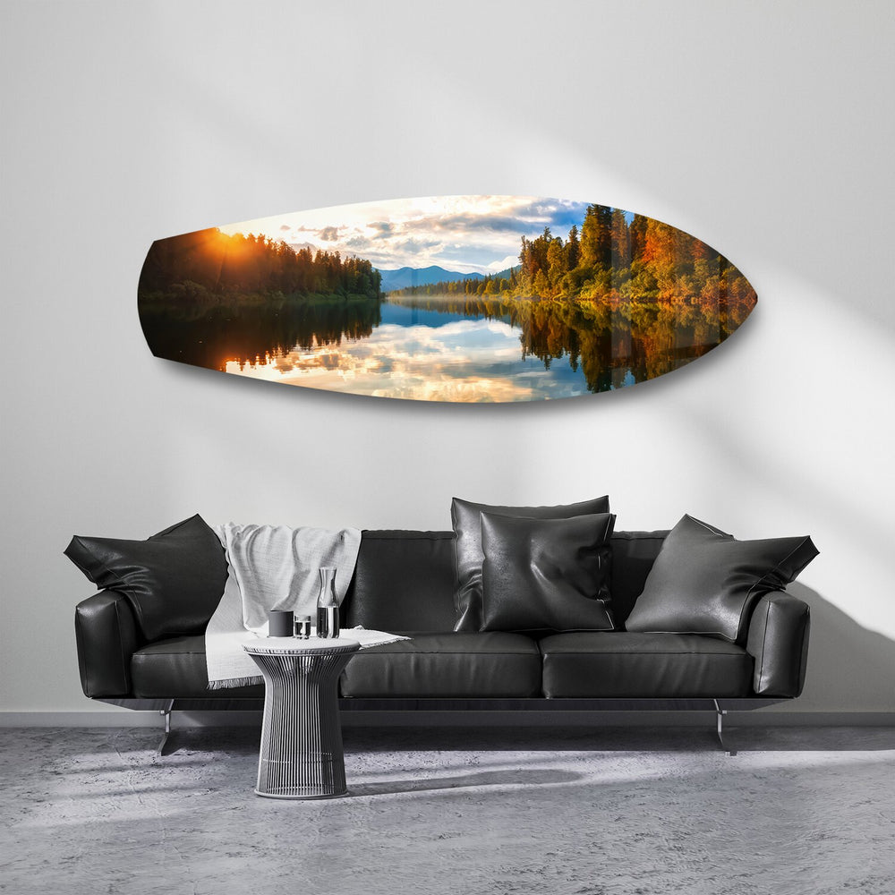 Lakeside Sunset Mirror Landscape Glass Wall Art.