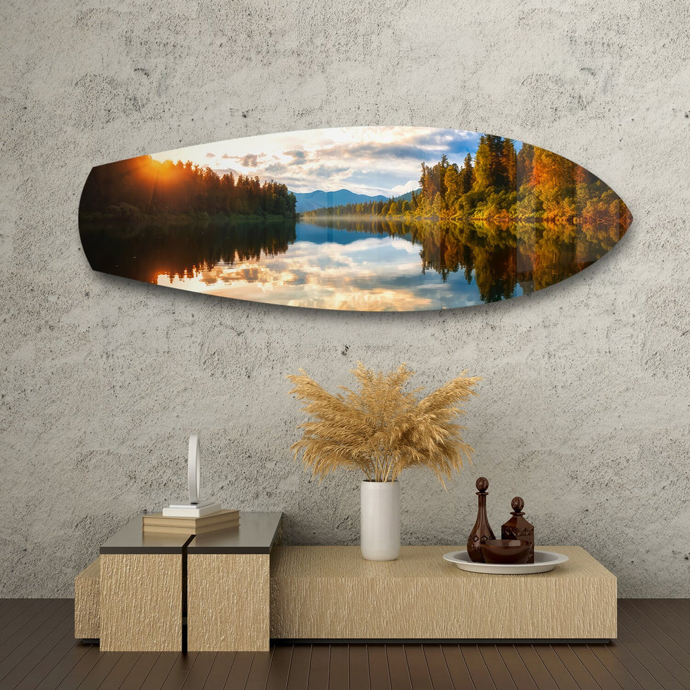Lakeside Sunset Mirror Landscape Glass Wall Art.