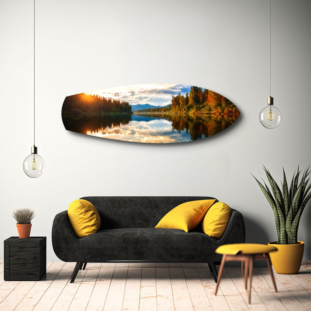 Lakeside Sunset Mirror Landscape Glass Wall Art.