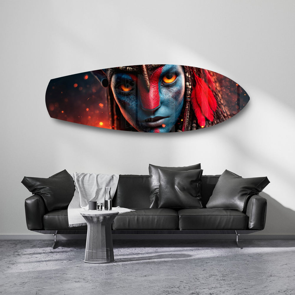 Blue Tribal Warrior Sci-Fi Glass Wall Art.
