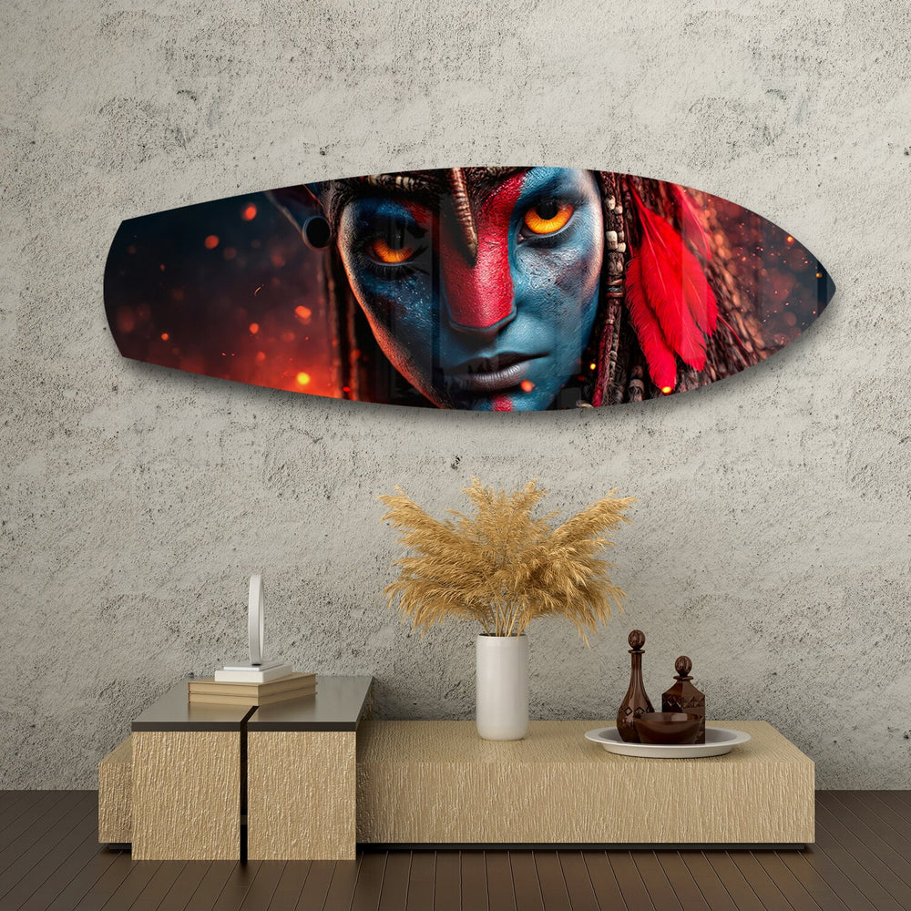 Blue Tribal Warrior Sci-Fi Glass Wall Art.