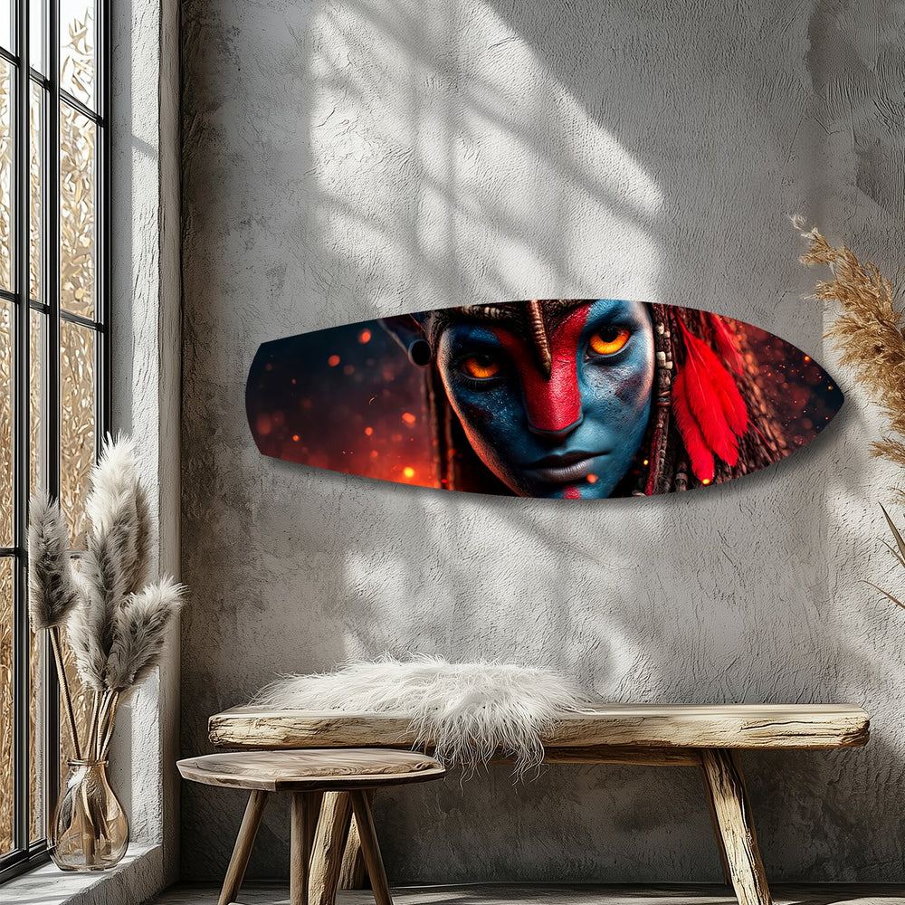 Blue Tribal Warrior Sci-Fi Glass Wall Art.