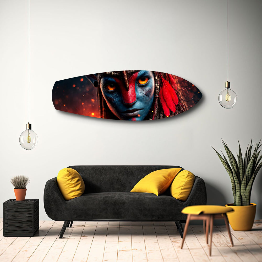Blue Tribal Warrior Sci-Fi Glass Wall Art.