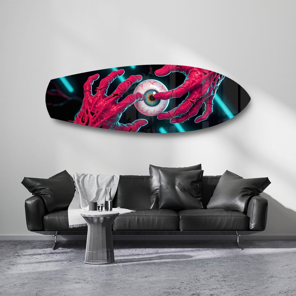 Surreal Eye and Hands Neon Glass Wall Art.