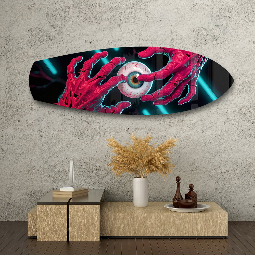 Surreal Eye and Hands Neon Glass Wall Art.