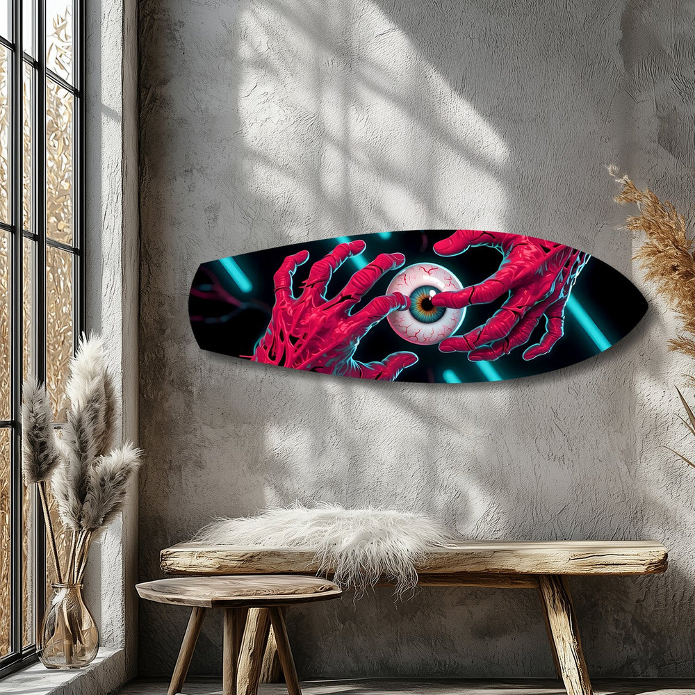 Surreal Eye and Hands Neon Glass Wall Art.