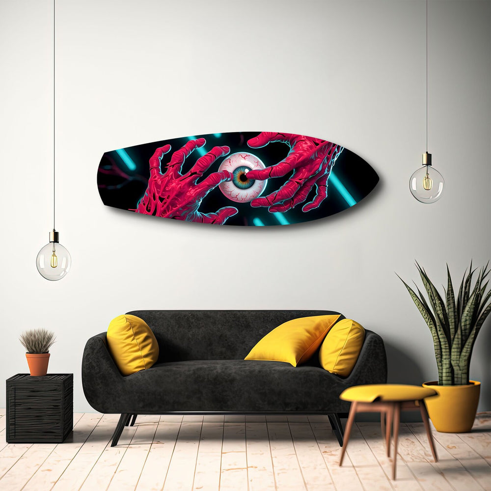 Surreal Eye and Hands Neon Glass Wall Art.