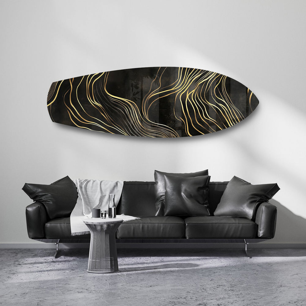 Black and Gold Abstract Waves Glass Wall Art.