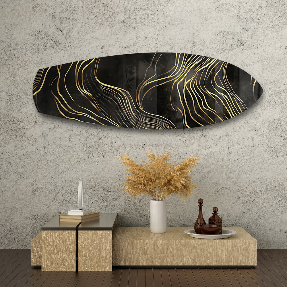 Black and Gold Abstract Waves Glass Wall Art.