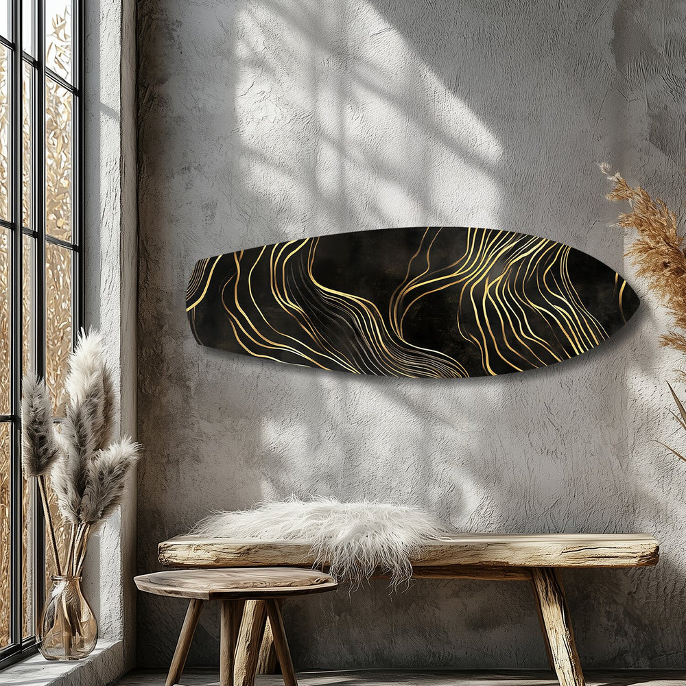 Black and Gold Abstract Waves Glass Wall Art.