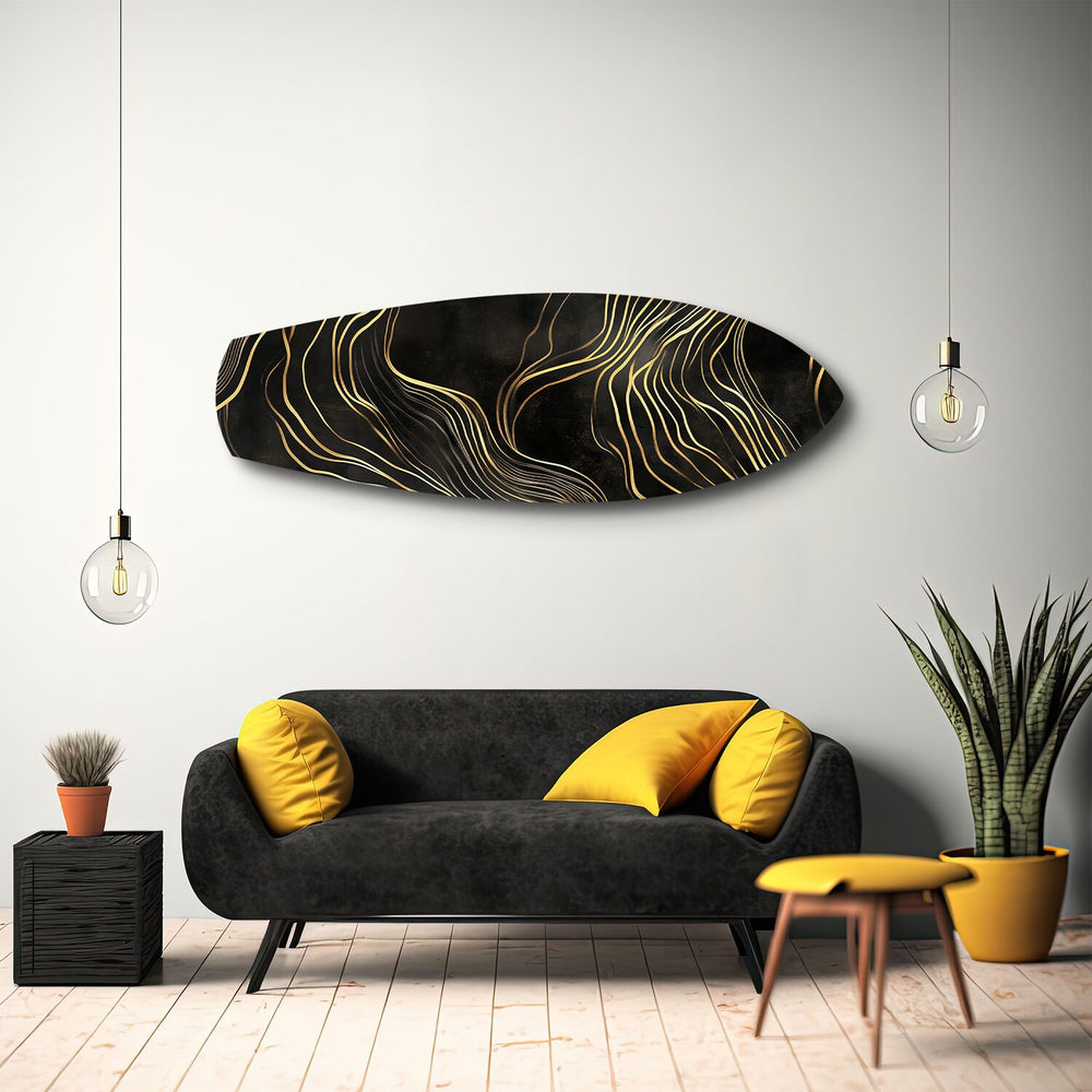 Black and Gold Abstract Waves Glass Wall Art.