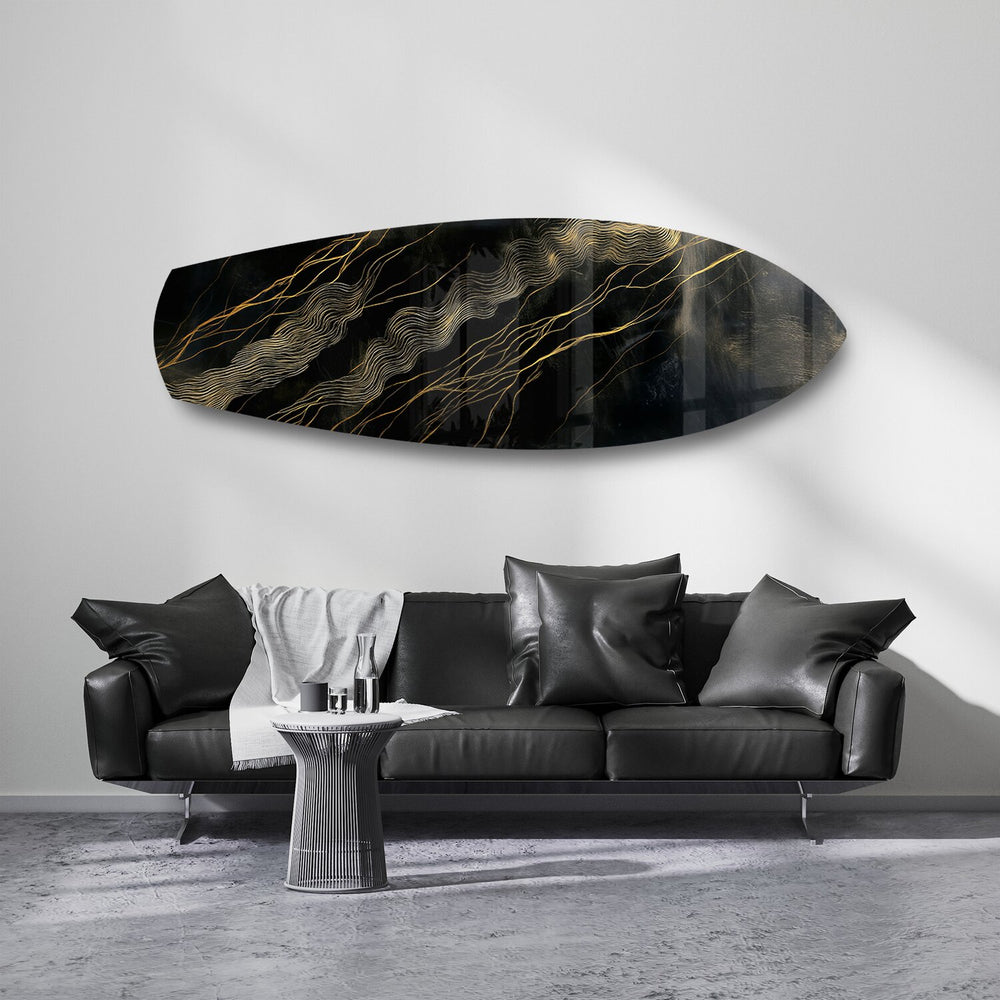 Black and Gold Topographic Lines Glass Wall Art.