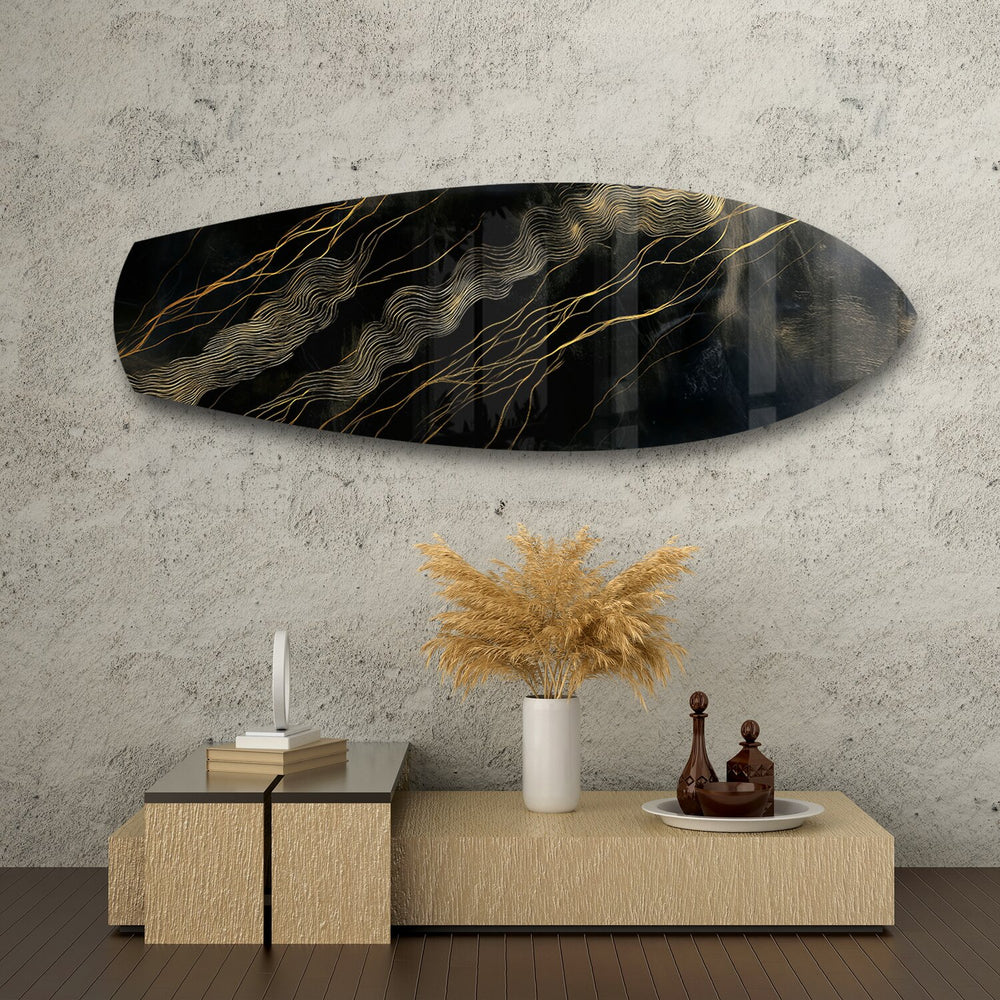 Black and Gold Topographic Lines Glass Wall Art.
