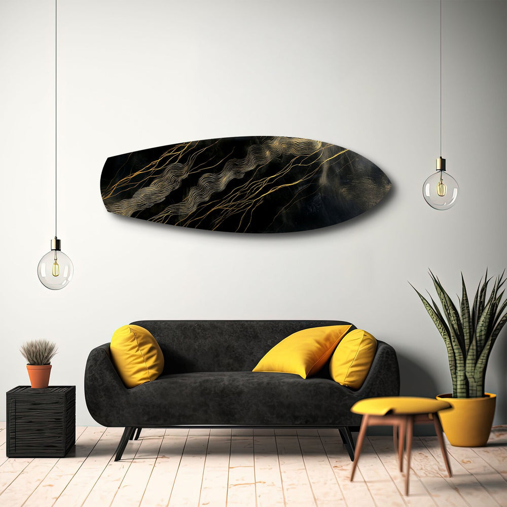Black and Gold Topographic Lines Glass Wall Art.