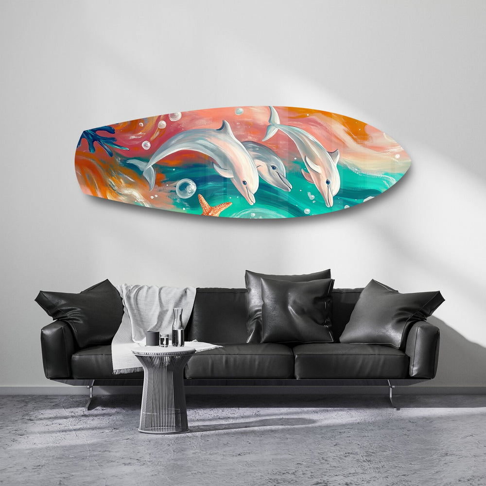 Playful Dolphins Painted Ocean Glass Wall Art.