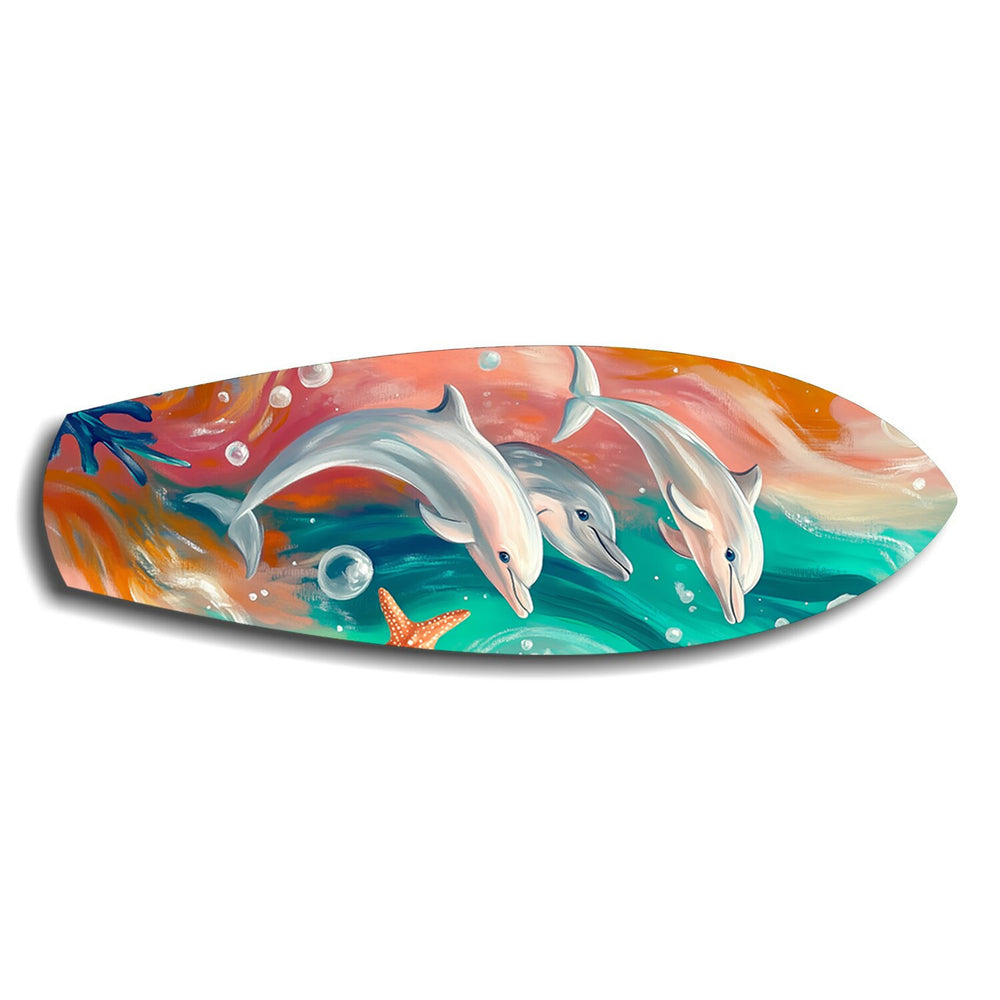 Playful Dolphins Painted Ocean Glass Wall Art.