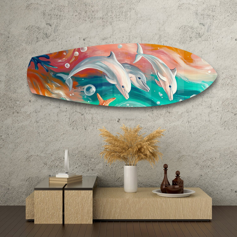 Playful Dolphins Painted Ocean Glass Wall Art.