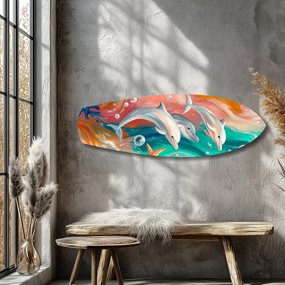 Playful Dolphins Painted Ocean Glass Wall Art.