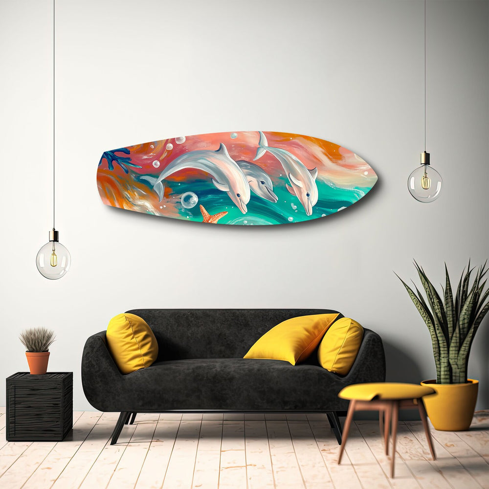 Playful Dolphins Painted Ocean Glass Wall Art.