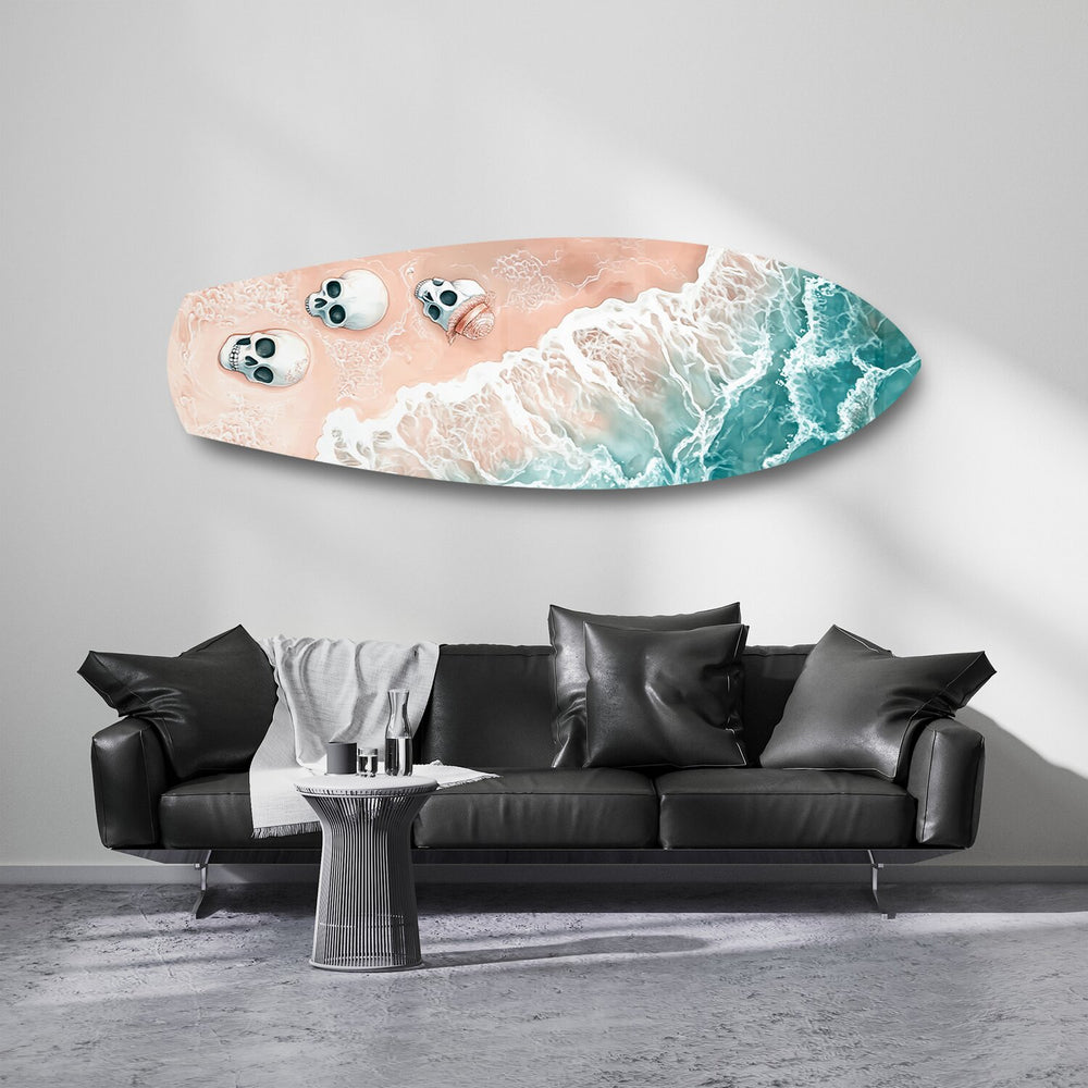 Skulls on Pink Sand Beach Glass Wall Art.