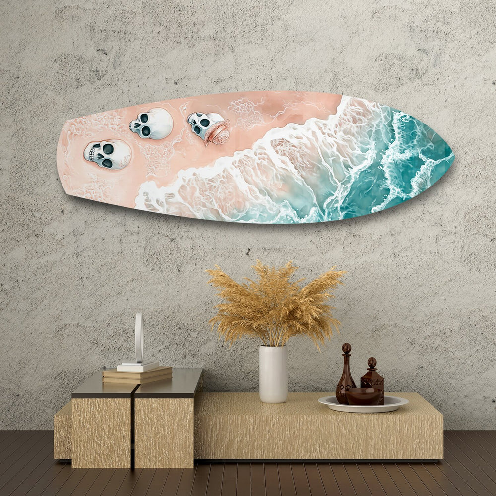 Skulls on Pink Sand Beach Glass Wall Art.
