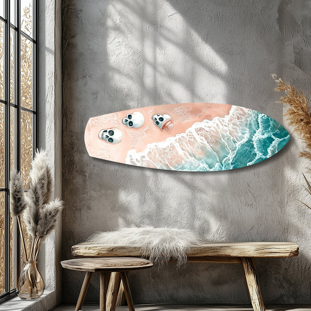 Skulls on Pink Sand Beach Glass Wall Art.