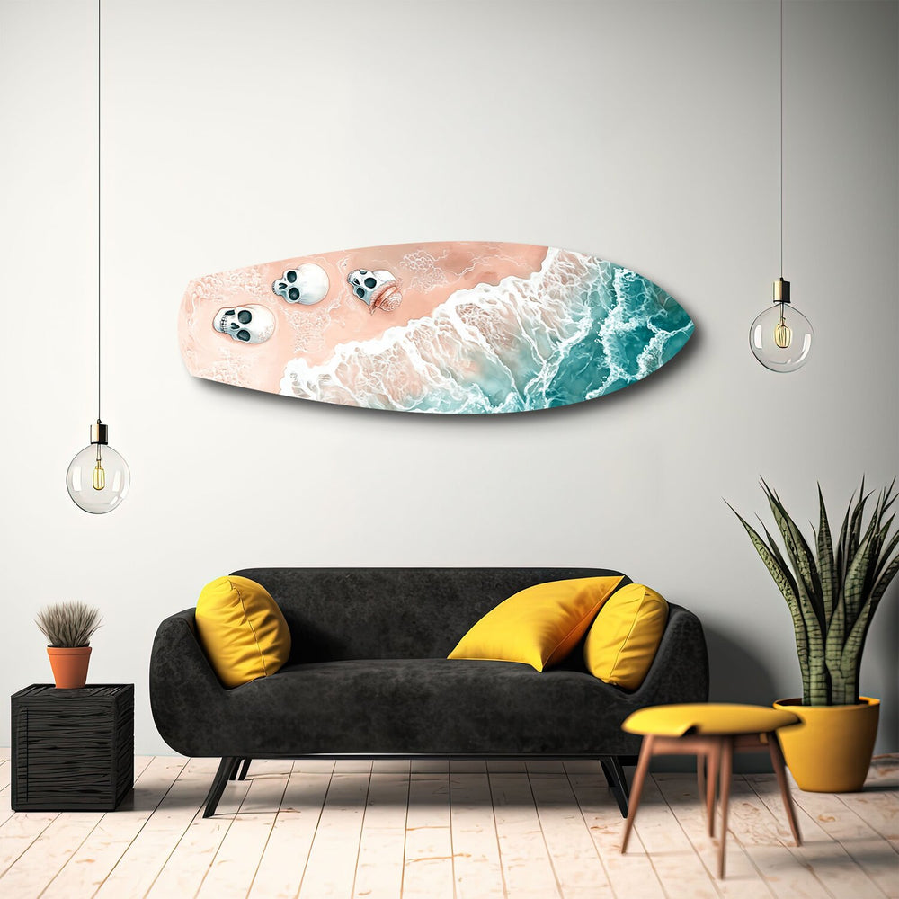 Skulls on Pink Sand Beach Glass Wall Art.