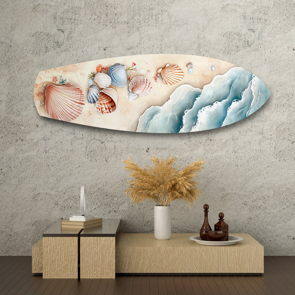 Seashells on Sandy Shore Glass Wall Art.