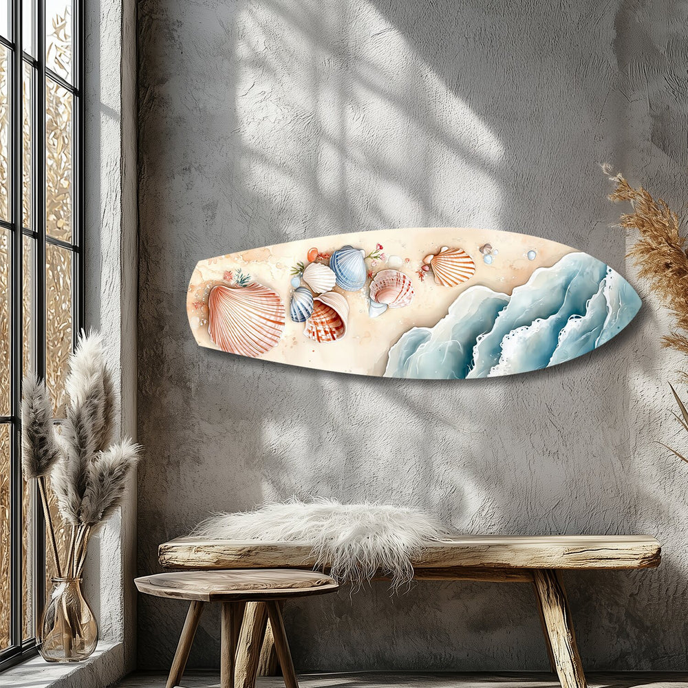 Seashells on Sandy Shore Glass Wall Art.