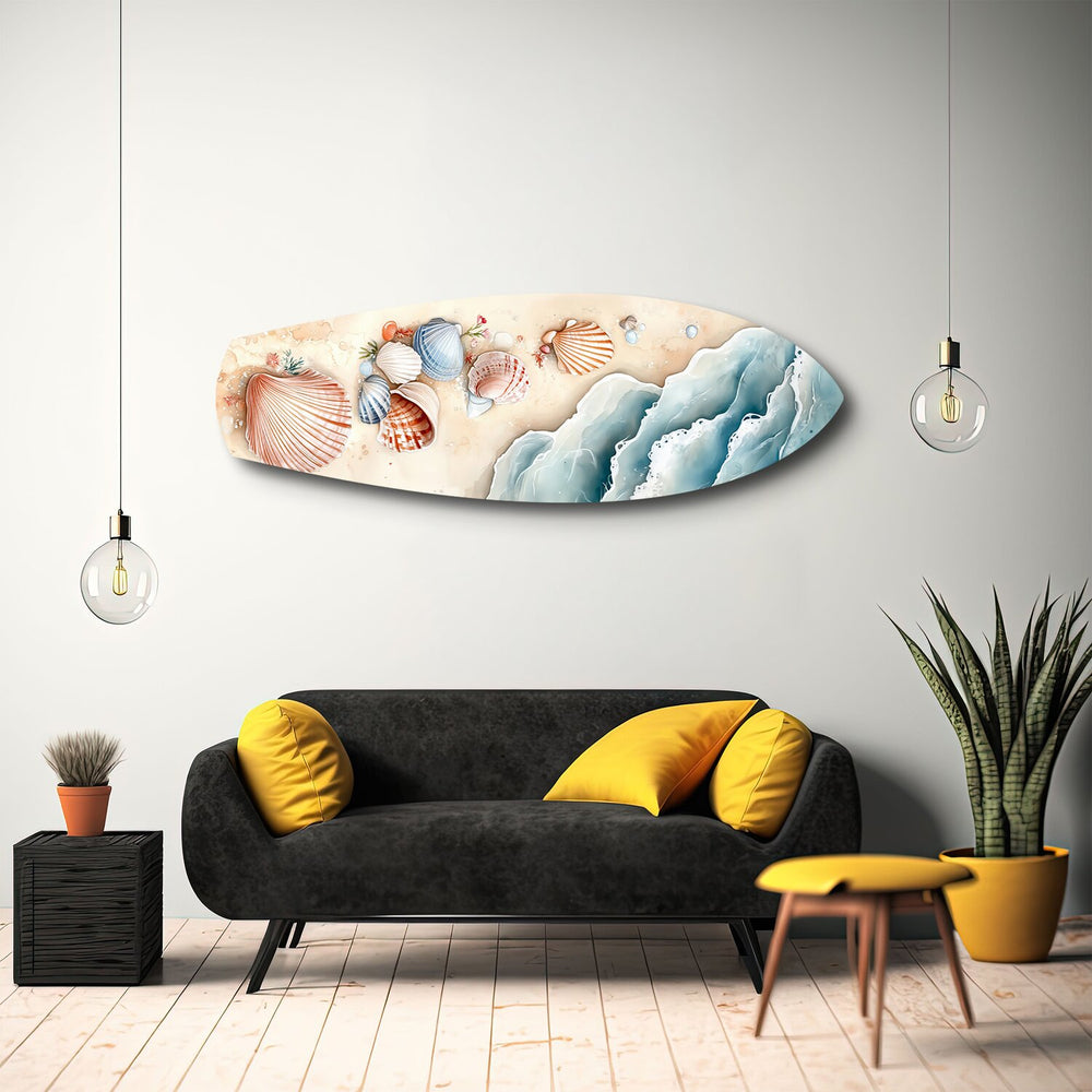 Seashells on Sandy Shore Glass Wall Art.