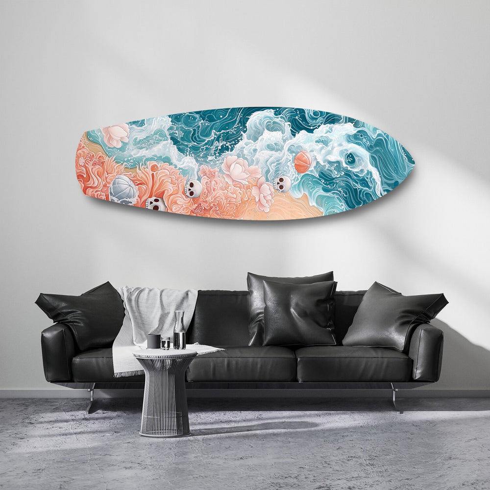 Skulls and Roses Ocean Waves Glass Wall Art.