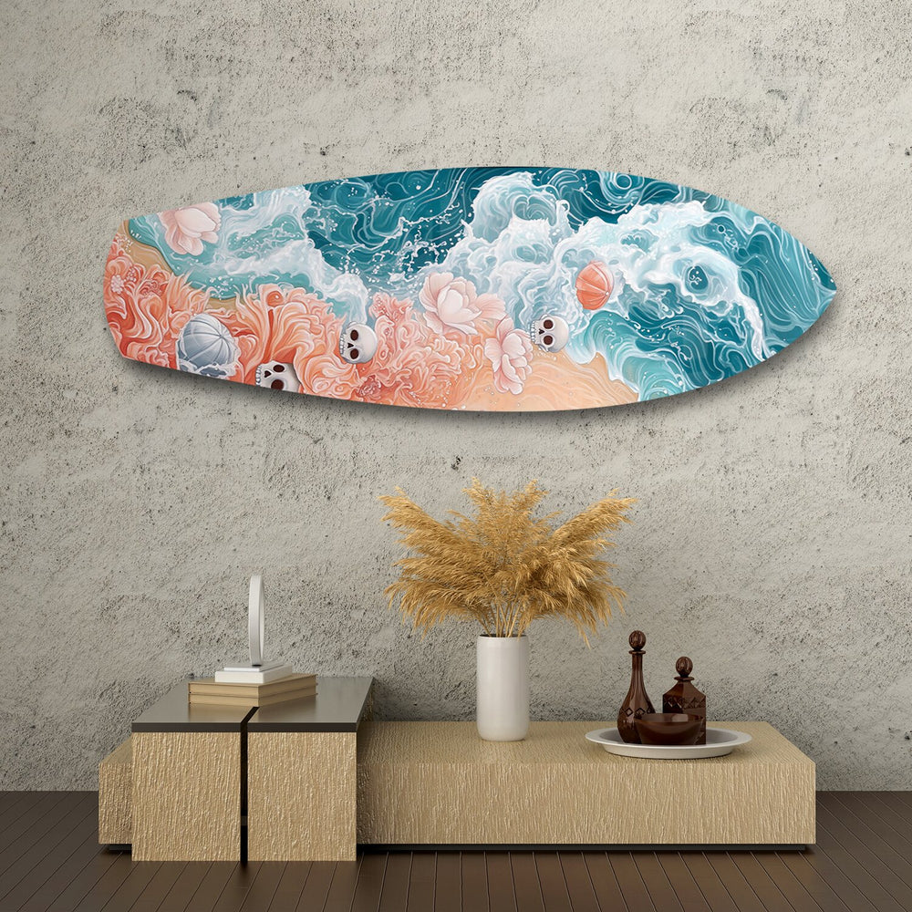 Skulls and Roses Ocean Waves Glass Wall Art.