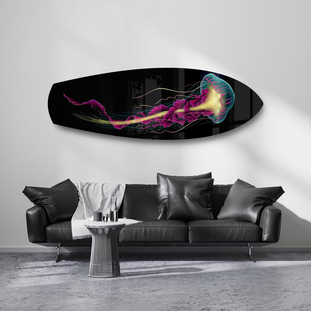 Neon Jellyfish on Black Glass Wall Art.