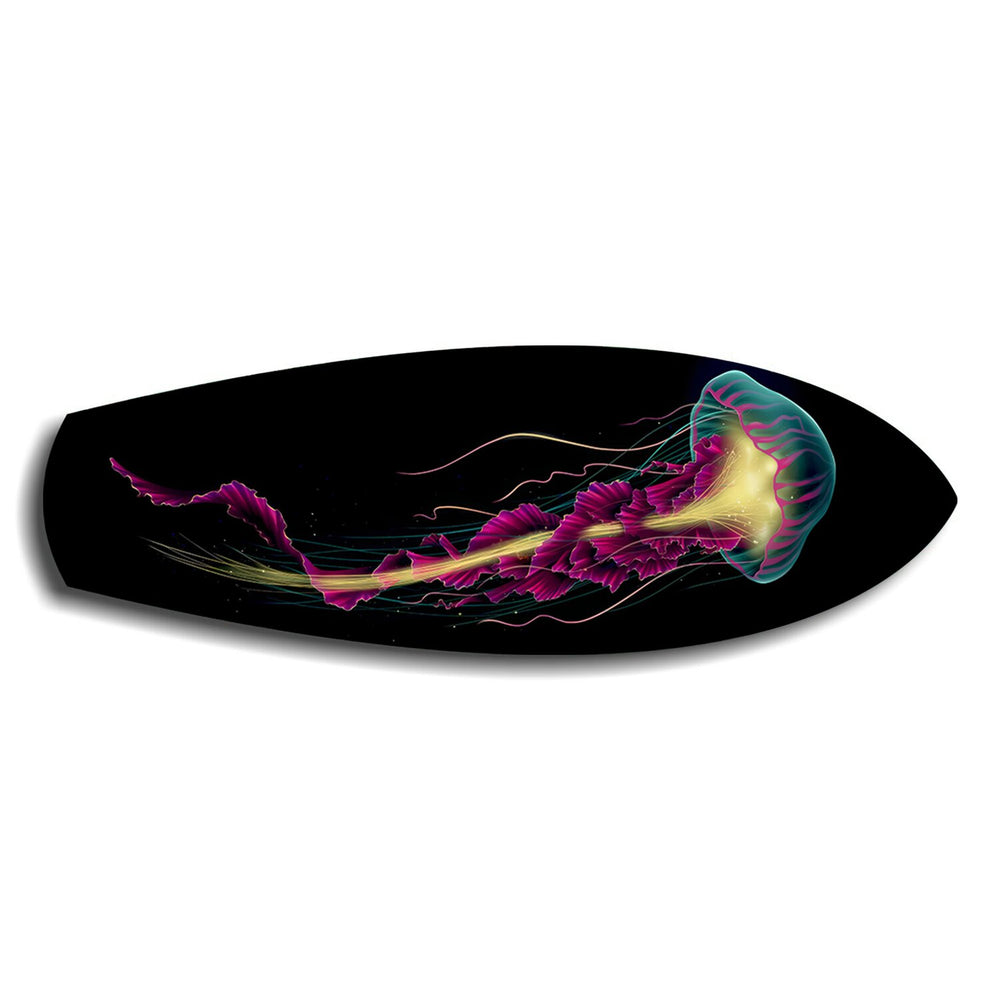 Neon Jellyfish on Black Glass Wall Art.